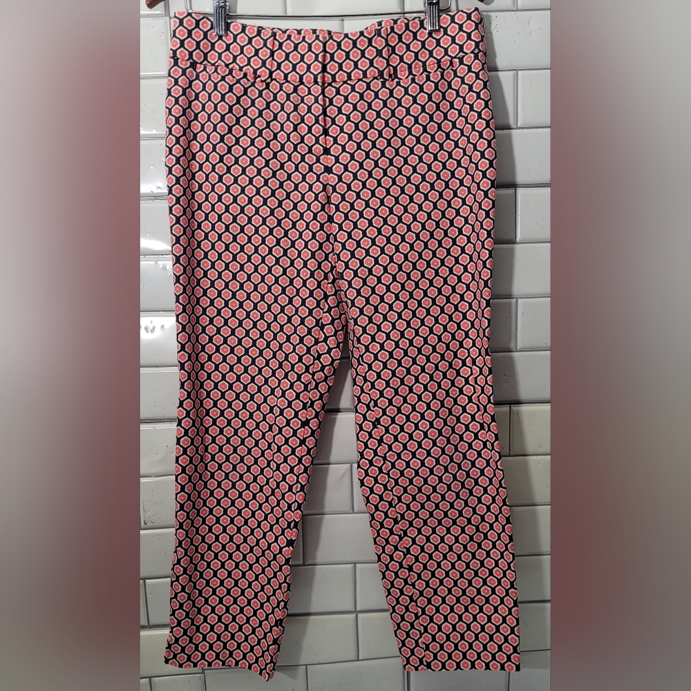 Ann Taylor Marisa Ladies Navy Blue Pink Motif Print Pant Straight Leg Cropped S